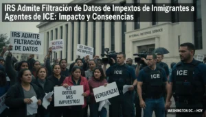 Sede del IRS con logo de ICE superpuesto sugiriendo filtración de datos